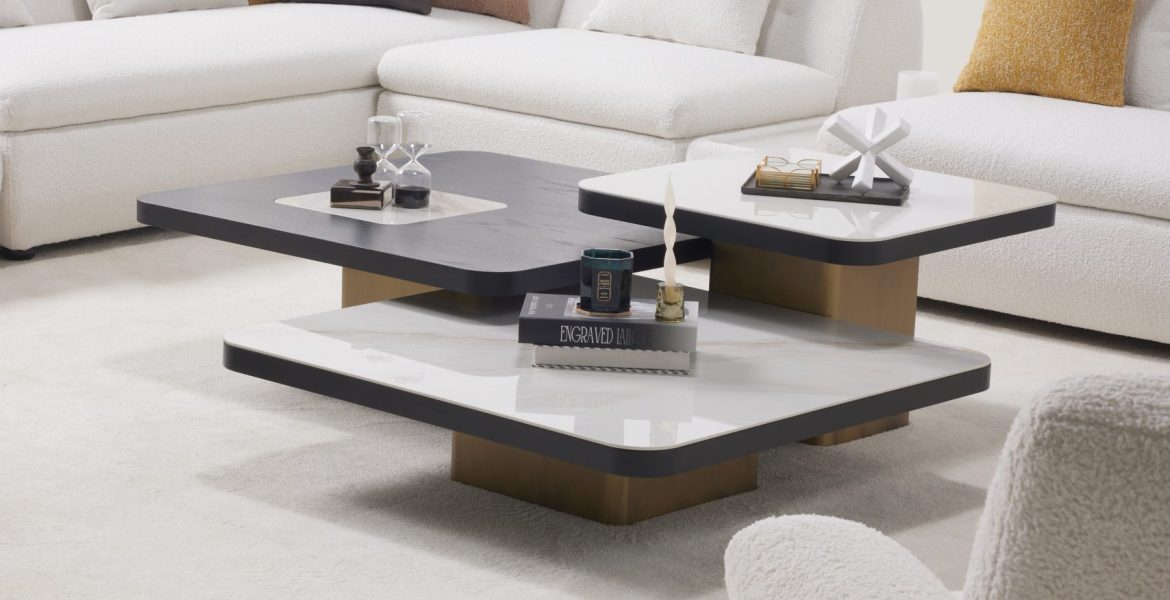 Warm-toned interior with corner sofa and sculptural accessories.