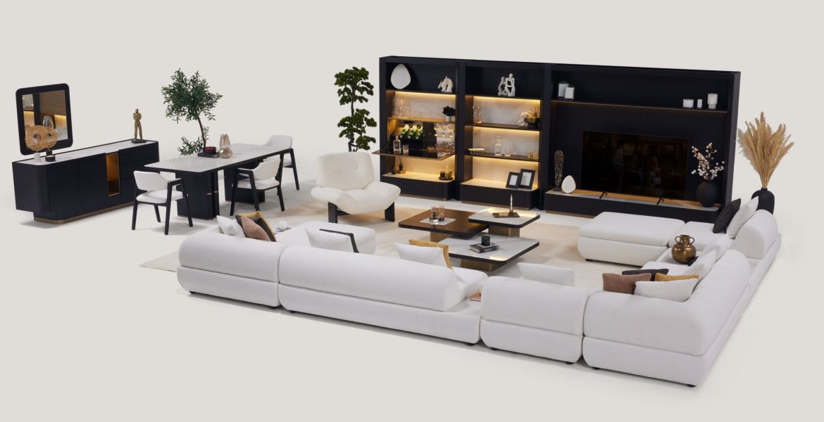 Contemporary living room featuring Petra Luxury Corner Sofa Set and clean design.