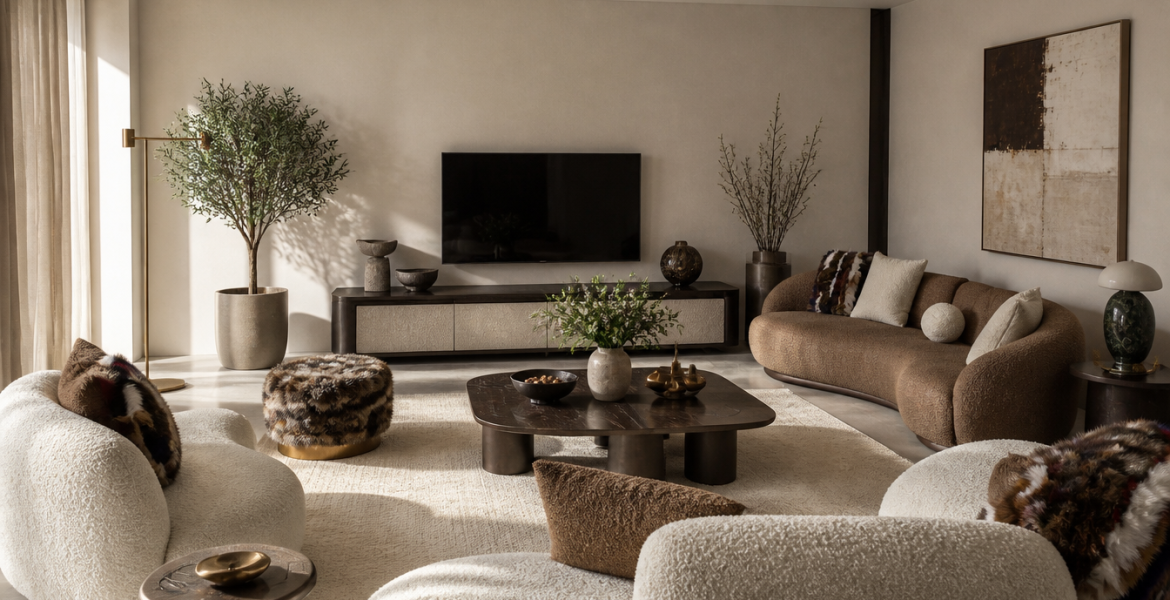 Modern living room with curved brown sofa and white armchairs in warm tones.