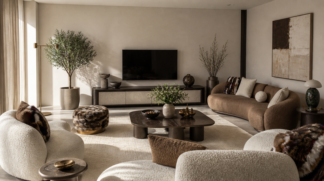 Modern living room with curved brown sofa and white armchairs in warm tones.