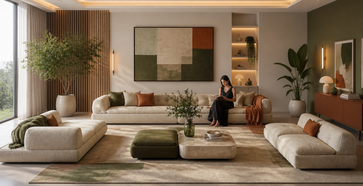 Contemporary interior featuring Prag minimalist sofa set and built‑in shelves.