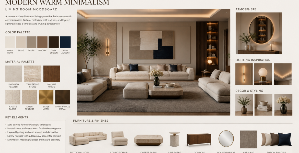 Modern living room with beige minimalist sofa set and green ottoman.