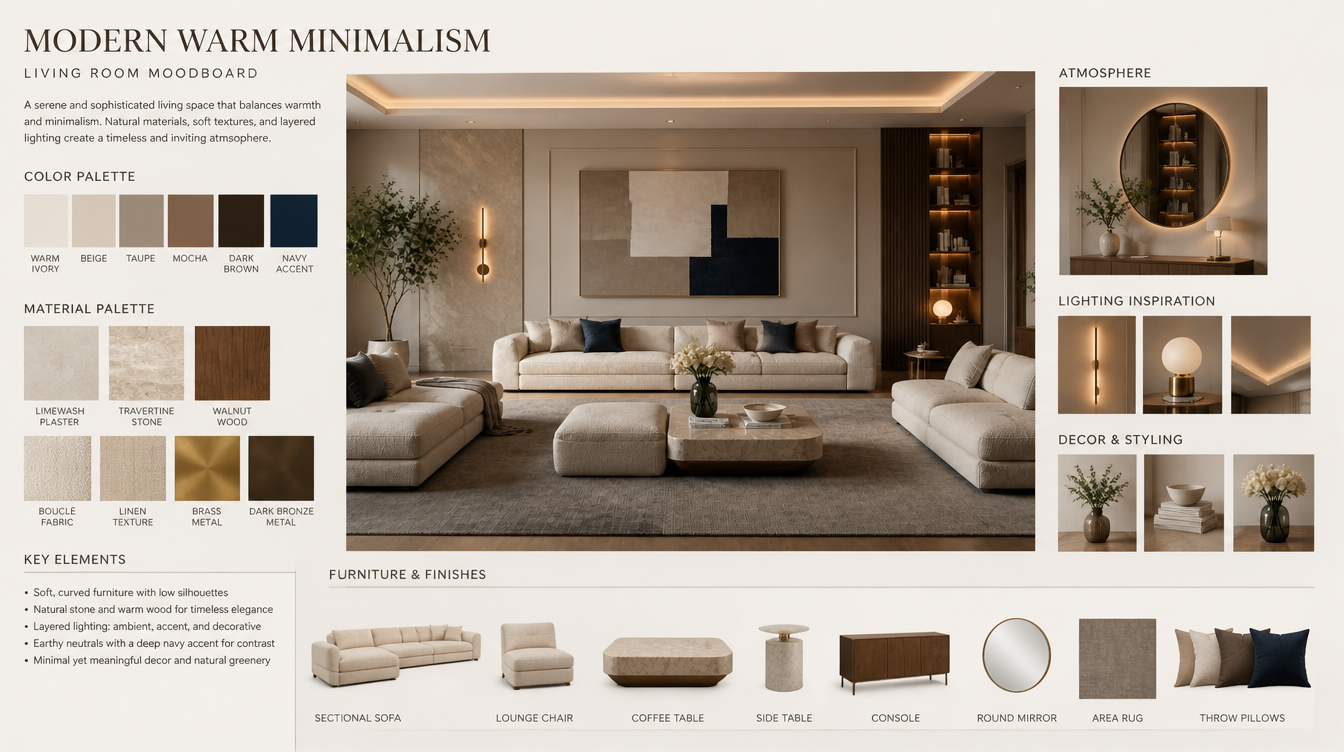Modern living room with beige minimalist sofa set and green ottoman.