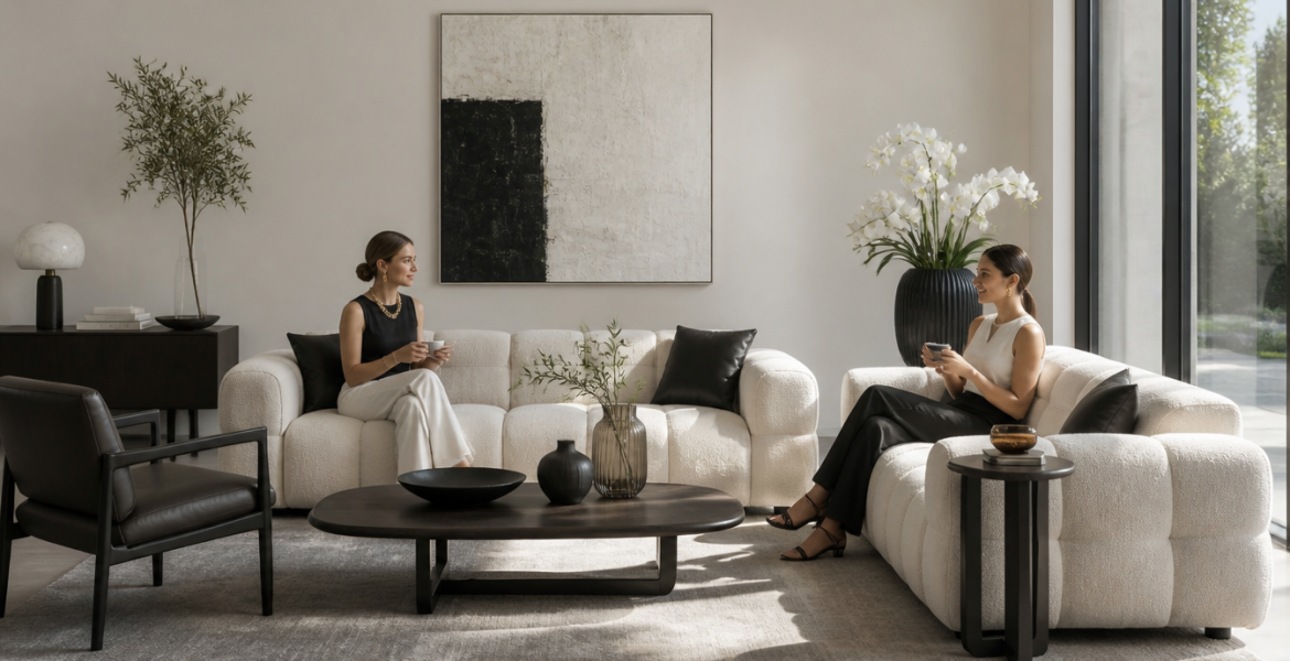 Contemporary interior featuring Rita Sofa set and black armchair.