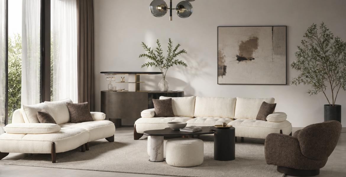 Modern living room with cream sofa set and round coffee tables.