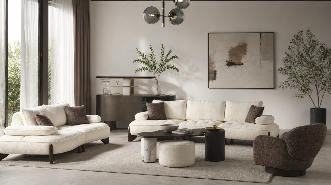 Modern living room with cream sofa set and round coffee tables.