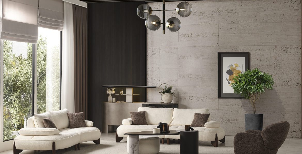Contemporary interior featuring Tesla Luxury Sofa set and textured armchair.