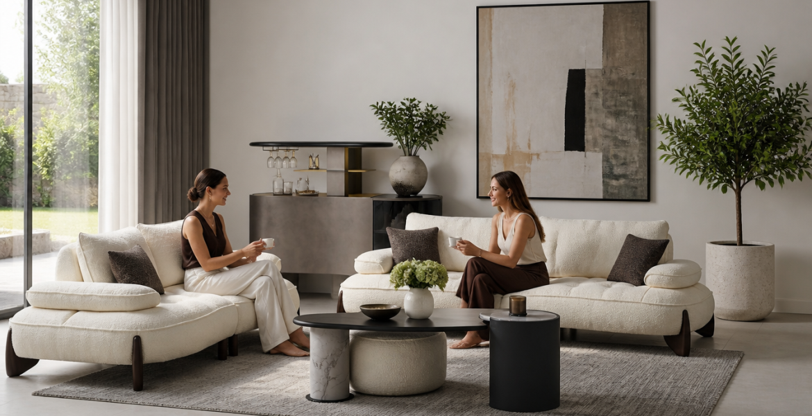 Modern living room with cream sofa set and round coffee tables.
