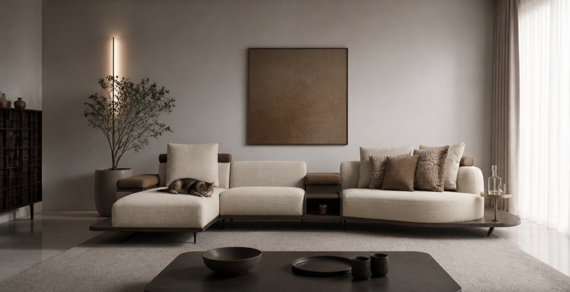 Light beige West Sofa Set with wooden base, decorative cushions, modern coffee table, wall art, and minimalist contemporary décor.
