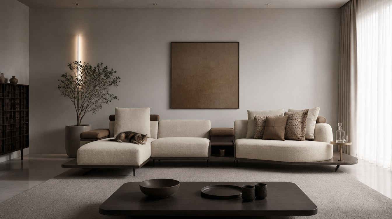 Light beige West Sofa Set with wooden base, decorative cushions, modern coffee table, wall art, and minimalist contemporary décor.