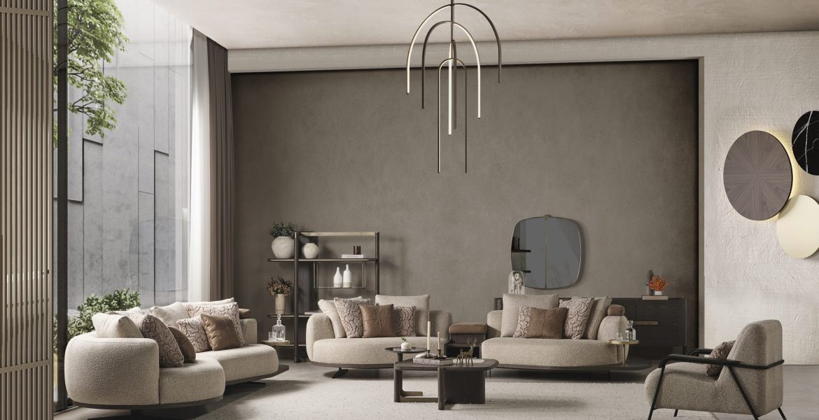 Elegant interior with beige sectional sofa and geometric pendant light.