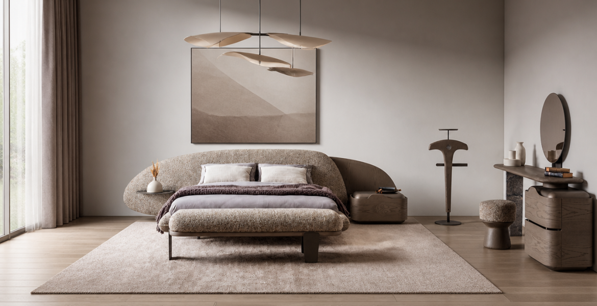 Wogg Bedroom Furniture Set with curved upholstered bed, round rug, modern chandelier, vanity table, and minimalist décor.