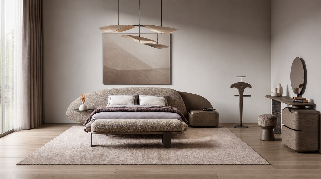 Wogg Bedroom Furniture Set with curved upholstered bed, round rug, modern chandelier, vanity table, and minimalist décor.