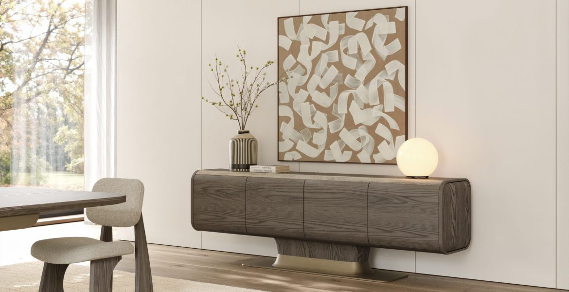 Contemporary interior featuring Bitter dining room furniture and sculptural pendant light.