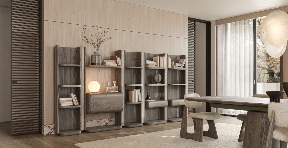 Modern dining room with wooden table and upholstered chairs.