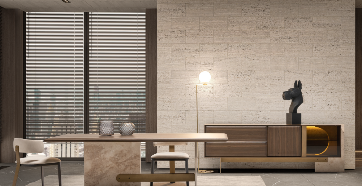 Marble dining table with sculptural stone base.
