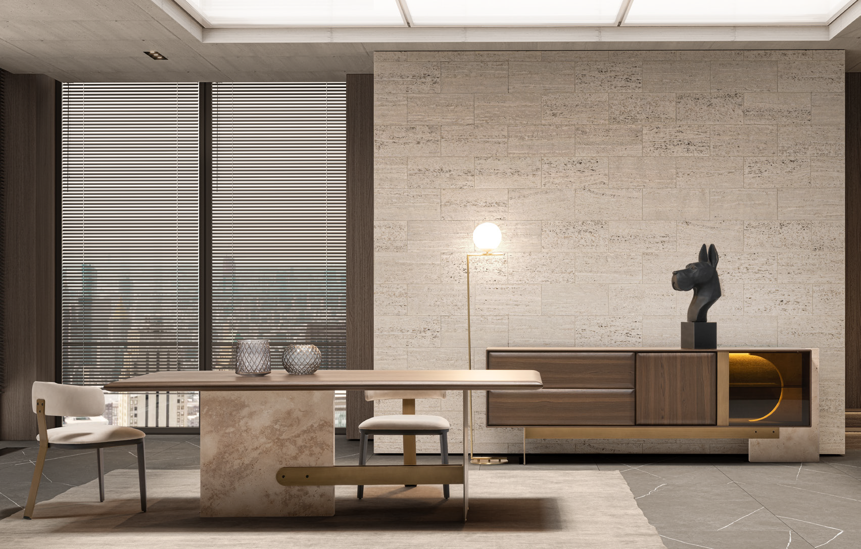 Marble dining table with sculptural stone base.
