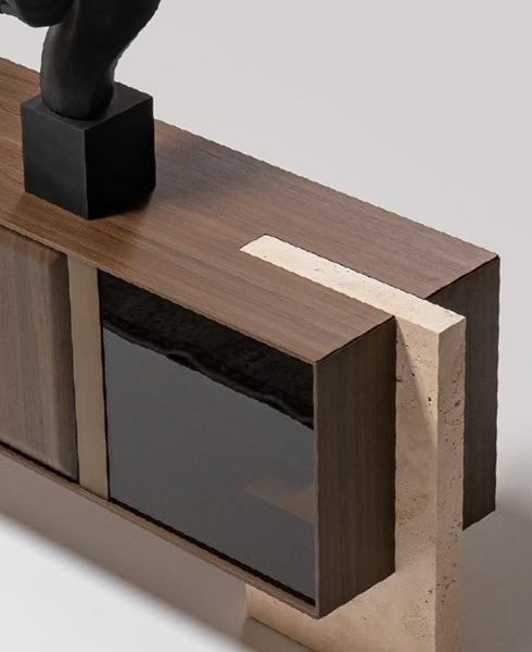 Minimalist dining room table and matching sideboard.