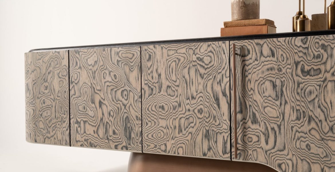Modern sideboard with wood‑grain pattern beside dining table.
