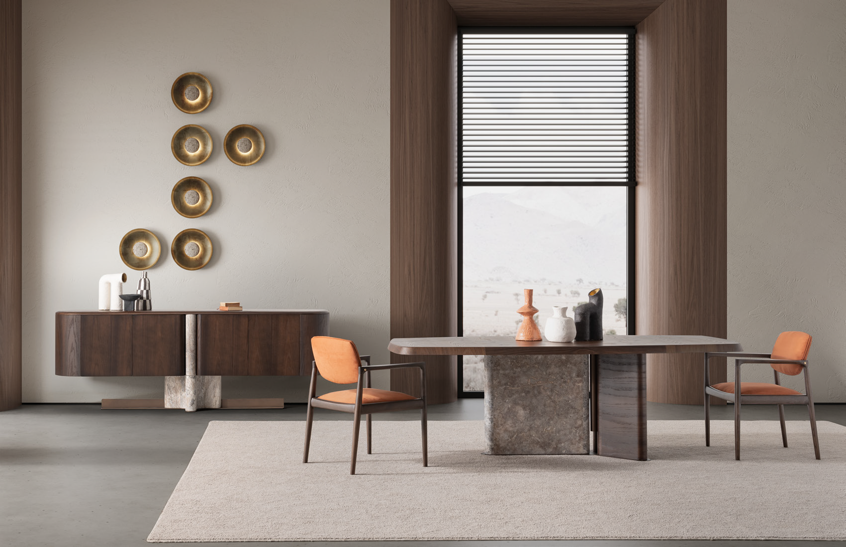 Modern wooden dining table with sculptural stone base.