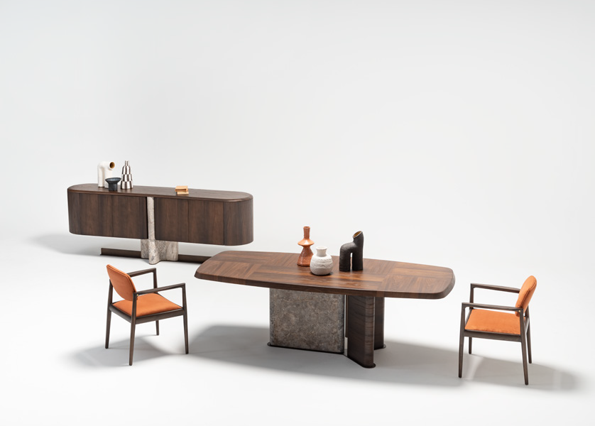 Contemporary dining table with rounded edges.