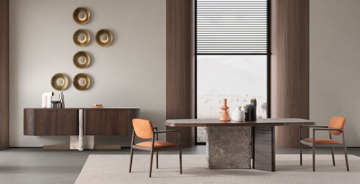Minimalist dining chairs with soft upholstery.