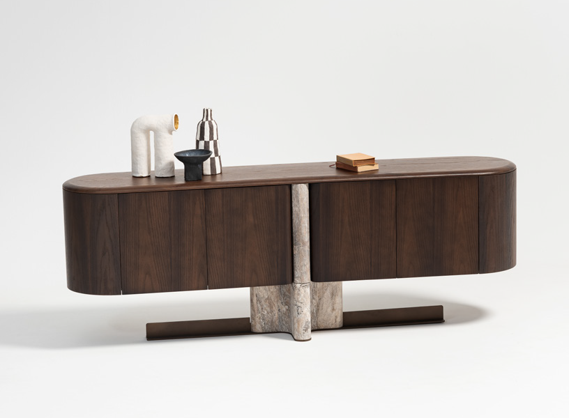 Wooden sideboard with curved corners.
