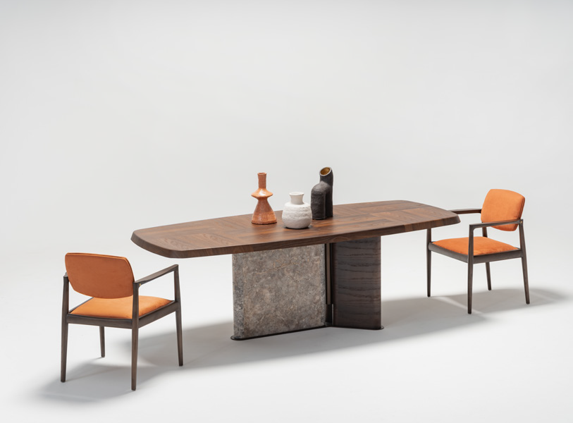 Odeon Dining Room Furniture set with sculptural base table.