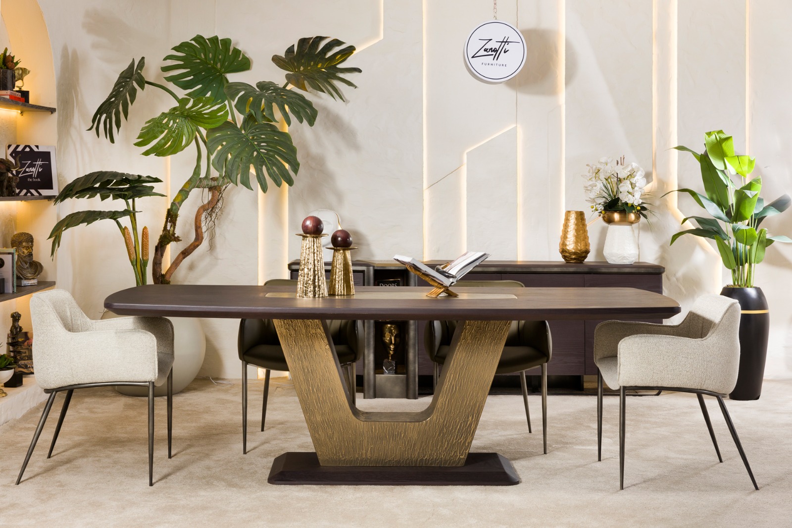 Modern dining room with wooden table and upholstered chairs.