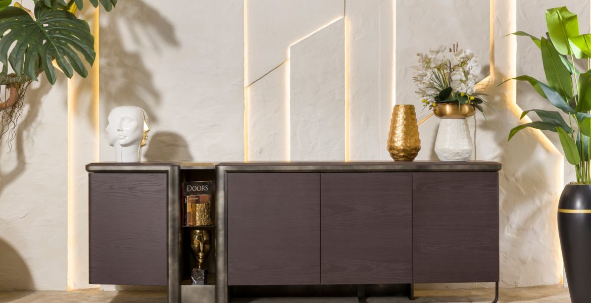 Contemporary interior featuring Torino dining room furniture in neutral tones.