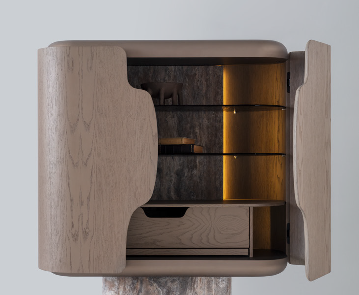 Long wooden sideboard with curved design.