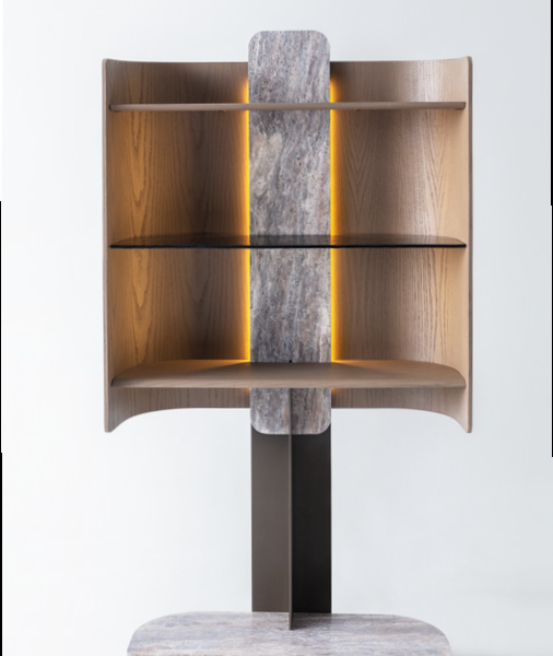 Oval wooden dining table with sculptural dark base.