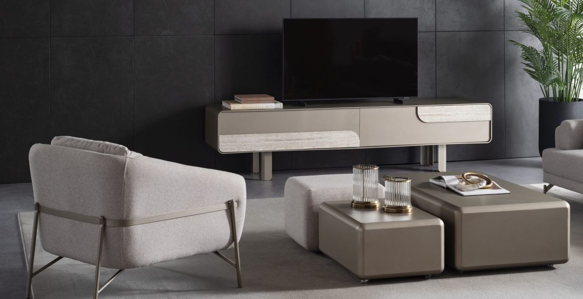 TV stand with integrated storage compartments.