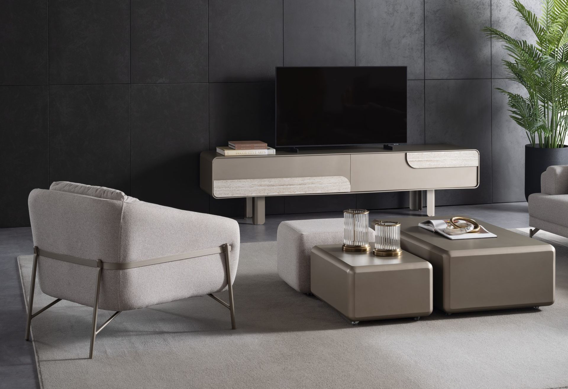Aqua Modern TV Unit featuring drawers and storage.