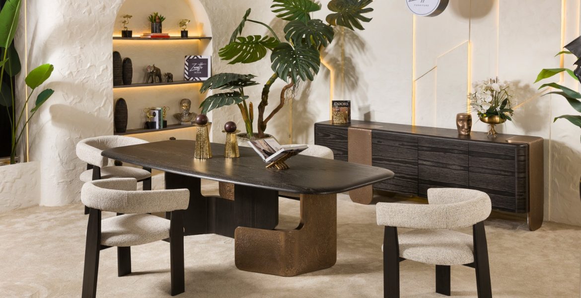Athina Dining Room Furniture set with bronze detail.