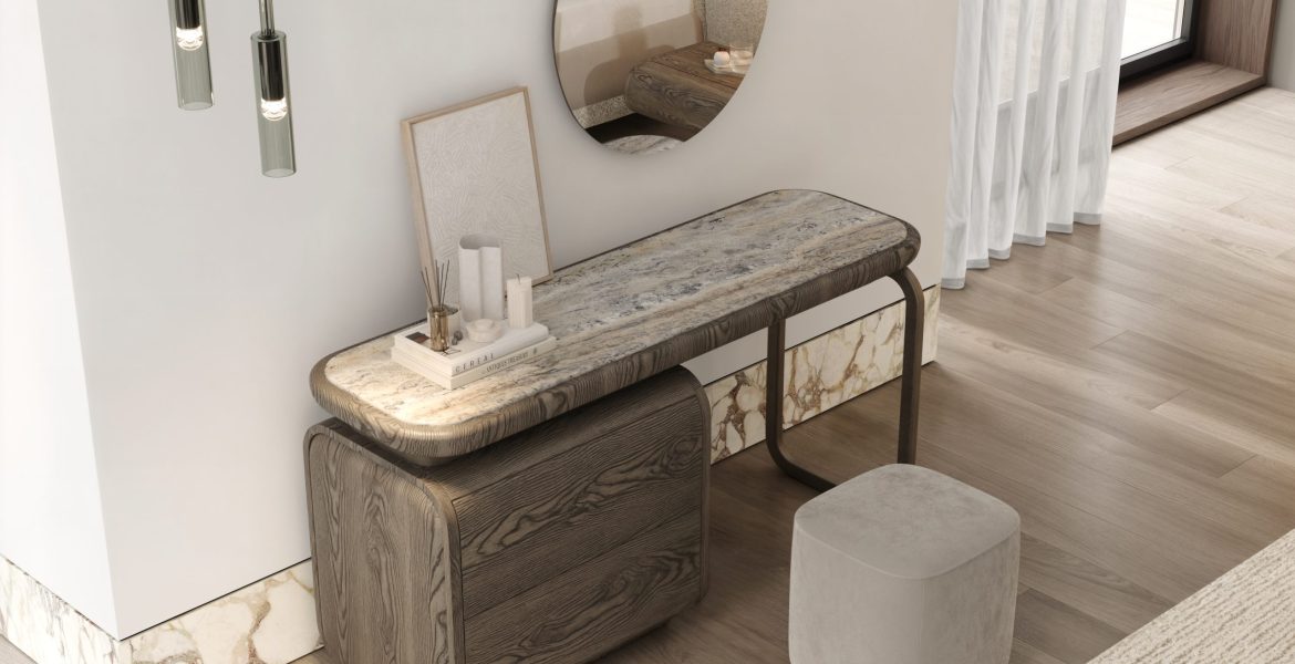 Upholstered bed with wooden base and soft headboard.