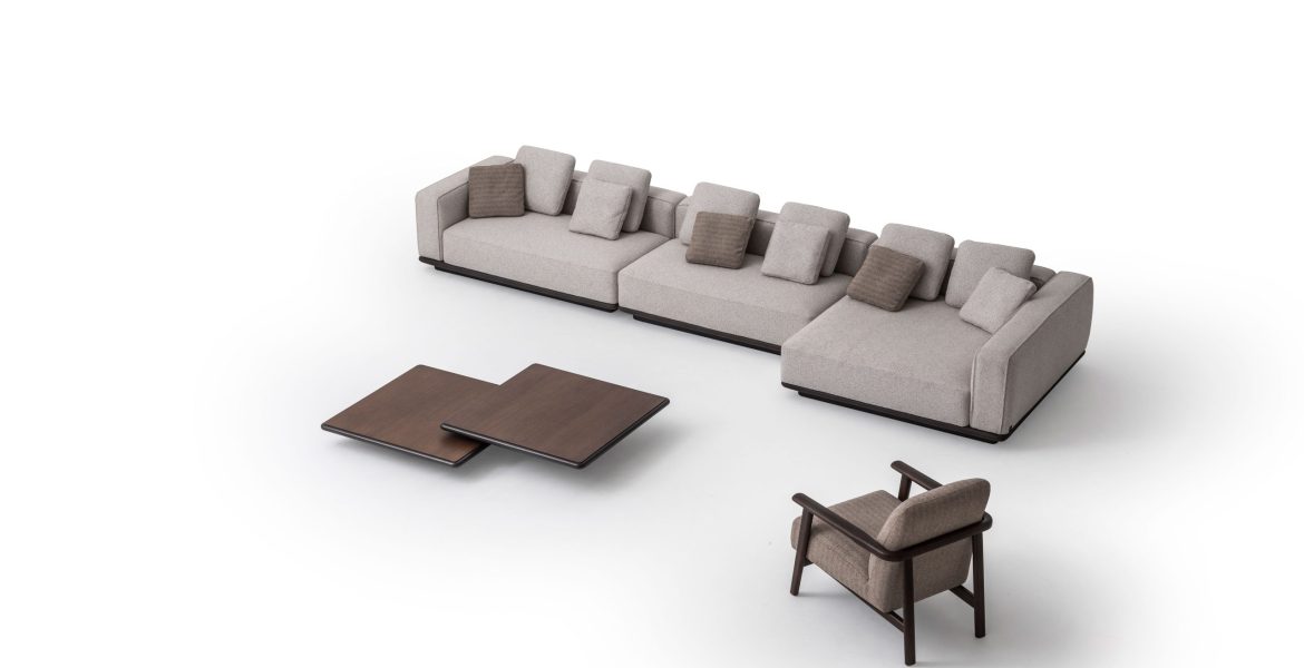 Corner sofa paired with wooden coffee table.