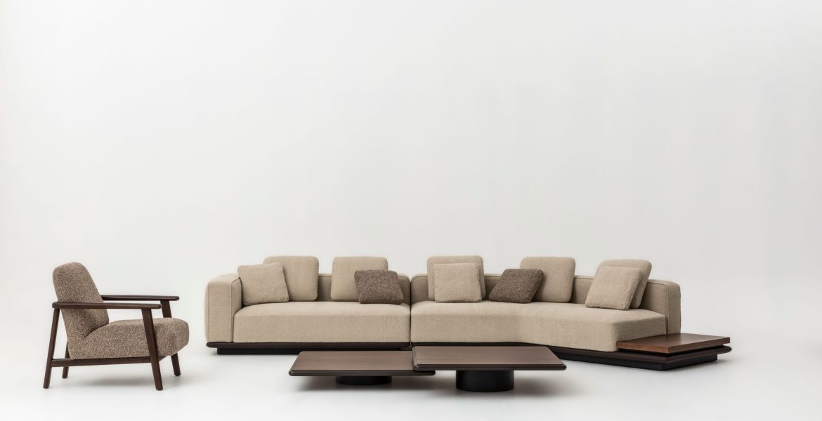 Soft upholstered sofa with structured edges.