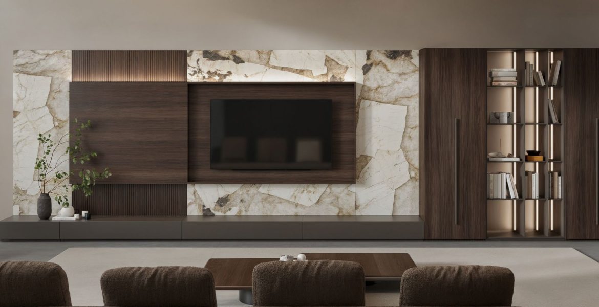 Elegant TV unit with warm wood tones.
