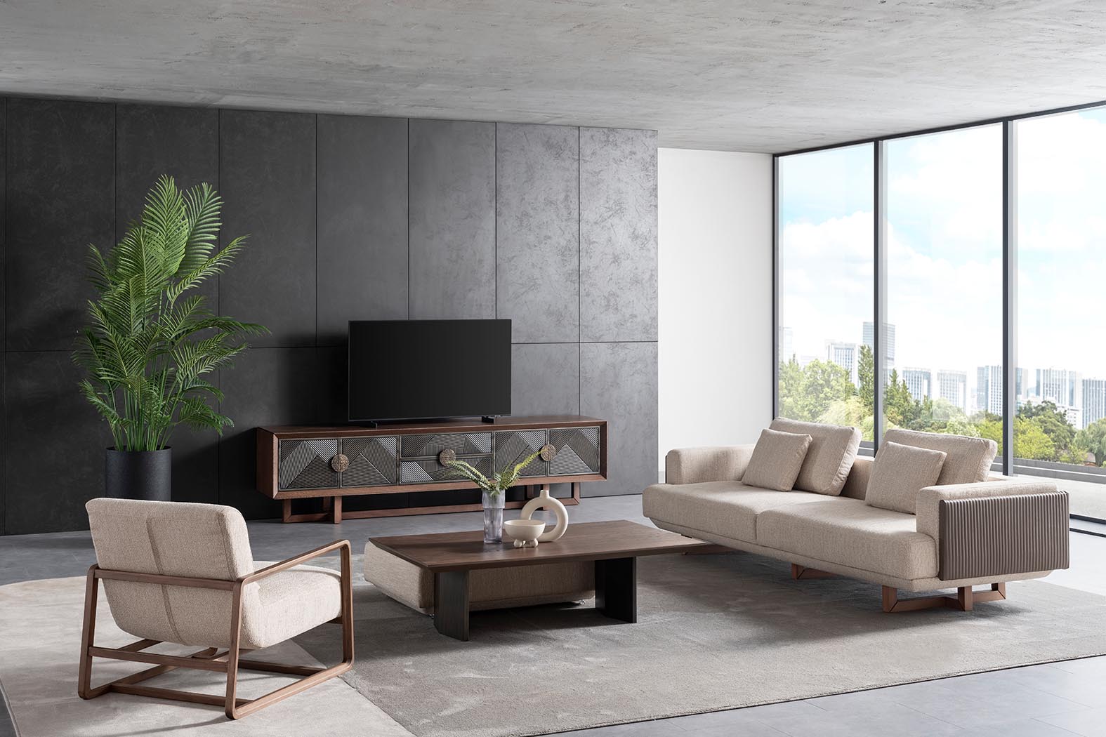 Cross Walnut Modern TV Unit arranged in living room.