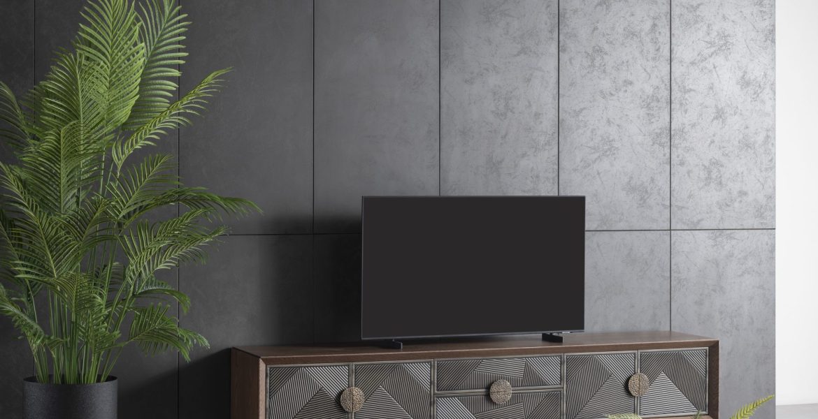 Cross Walnut Modern TV Unit arranged in living room.