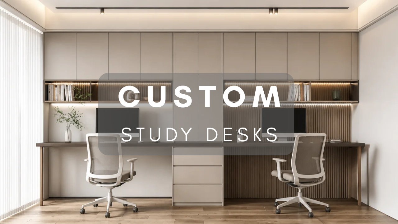 Custom study desk with built‑in storage and minimalist design.