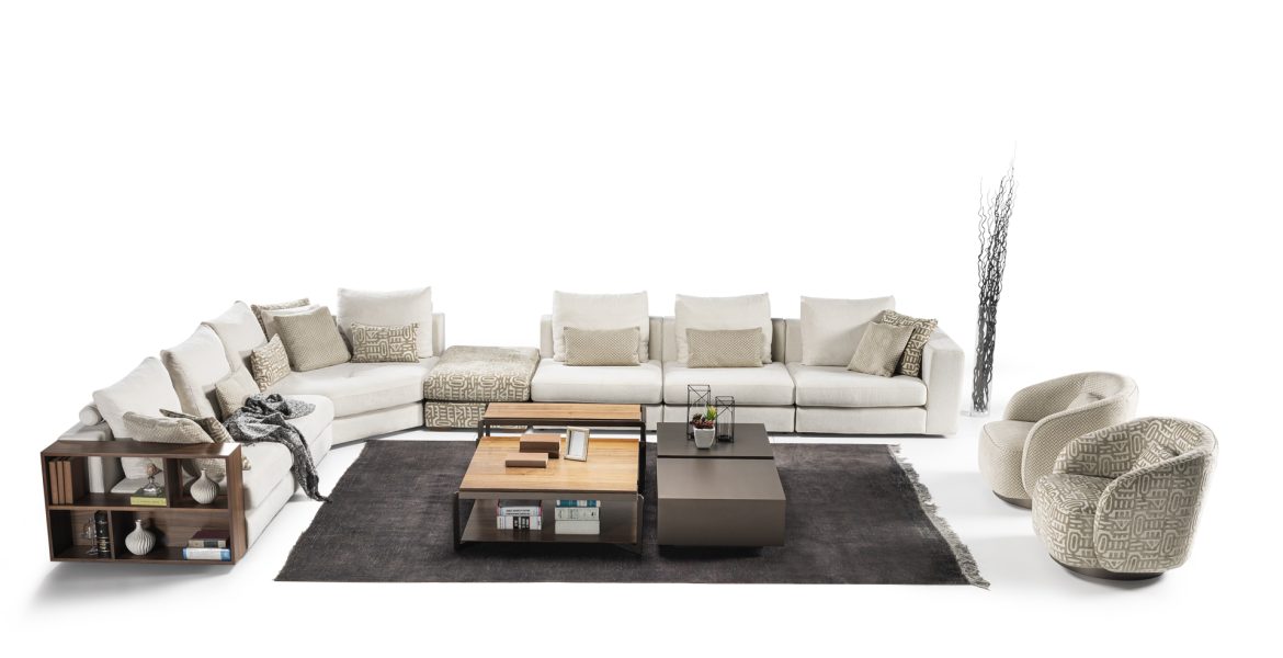 Beige corner sofa with modular design.