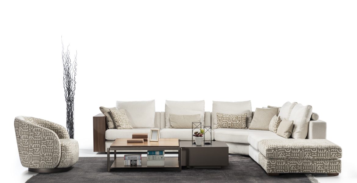 Wooden coffee tables with minimalist structure. Domino Living Room Furniture featuring sofa and tables.