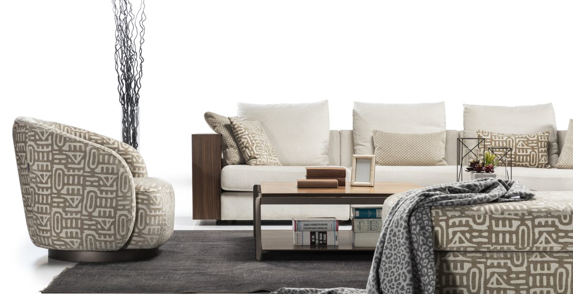 Corner sofa paired with wooden coffee tables.