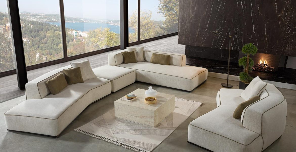 Cream Living Room sofa with soft cushions.