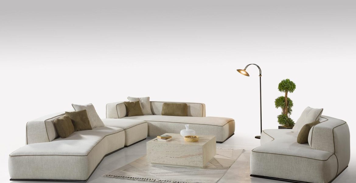 Beige upholstered Living room sofa set with plush seating.