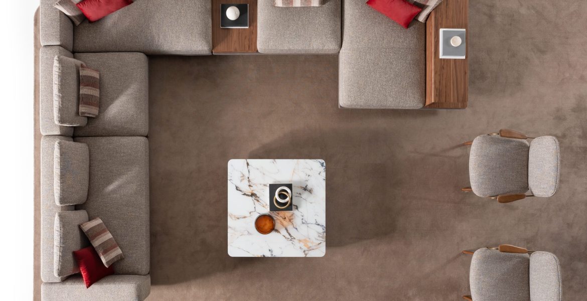 Soft upholstered sofa with rounded edges.