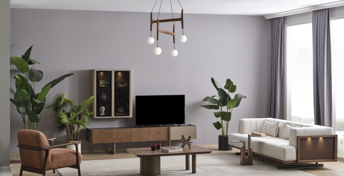 Wooden modern TV unit with brass accents.