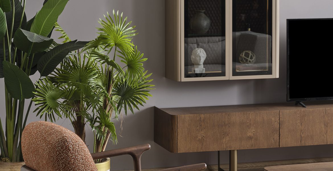 Contemporary TV cabinet with wall display shelves.